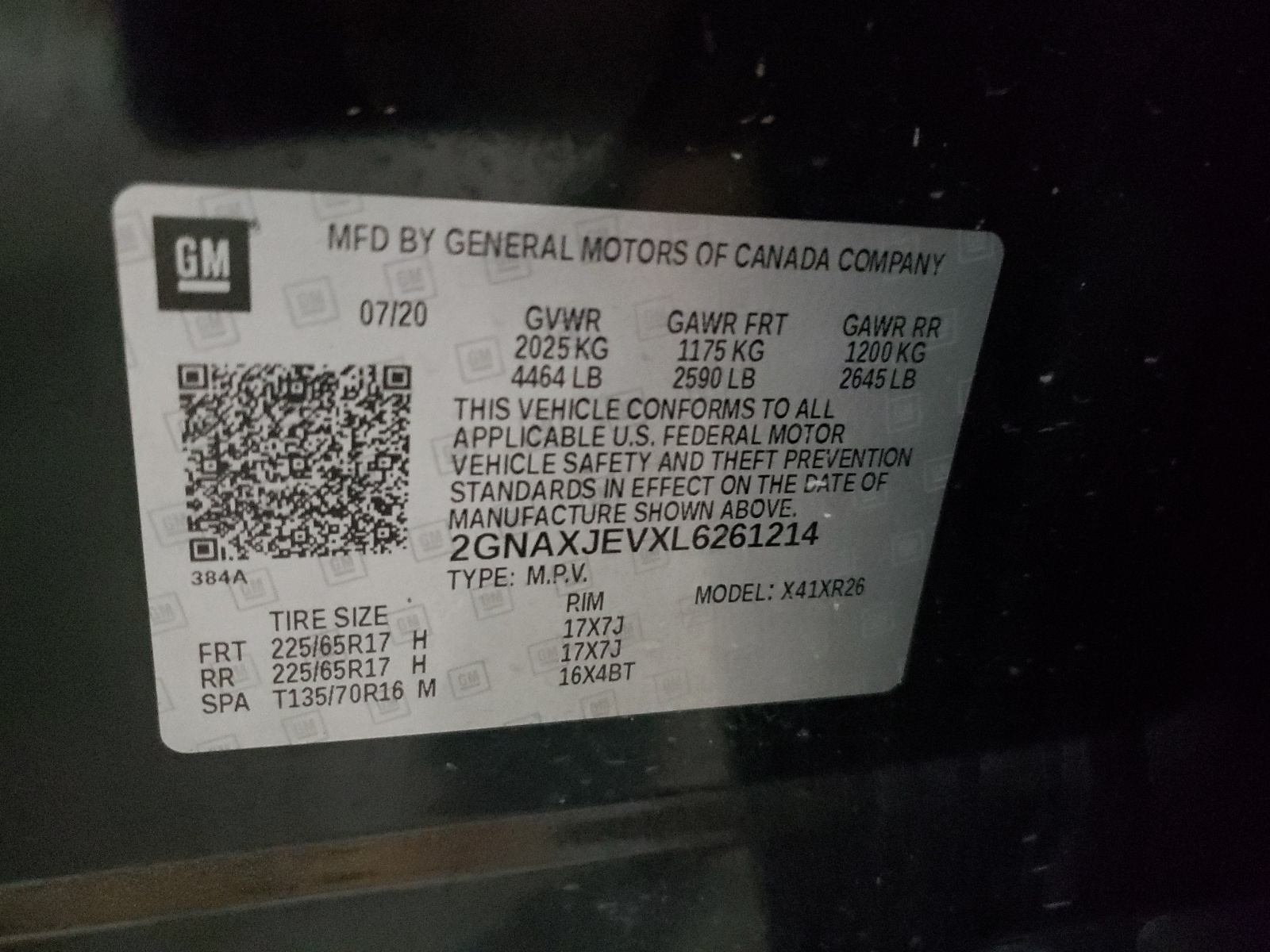 2GNAXJEVXL6261214 2020 Chevrolet Equinox Lt