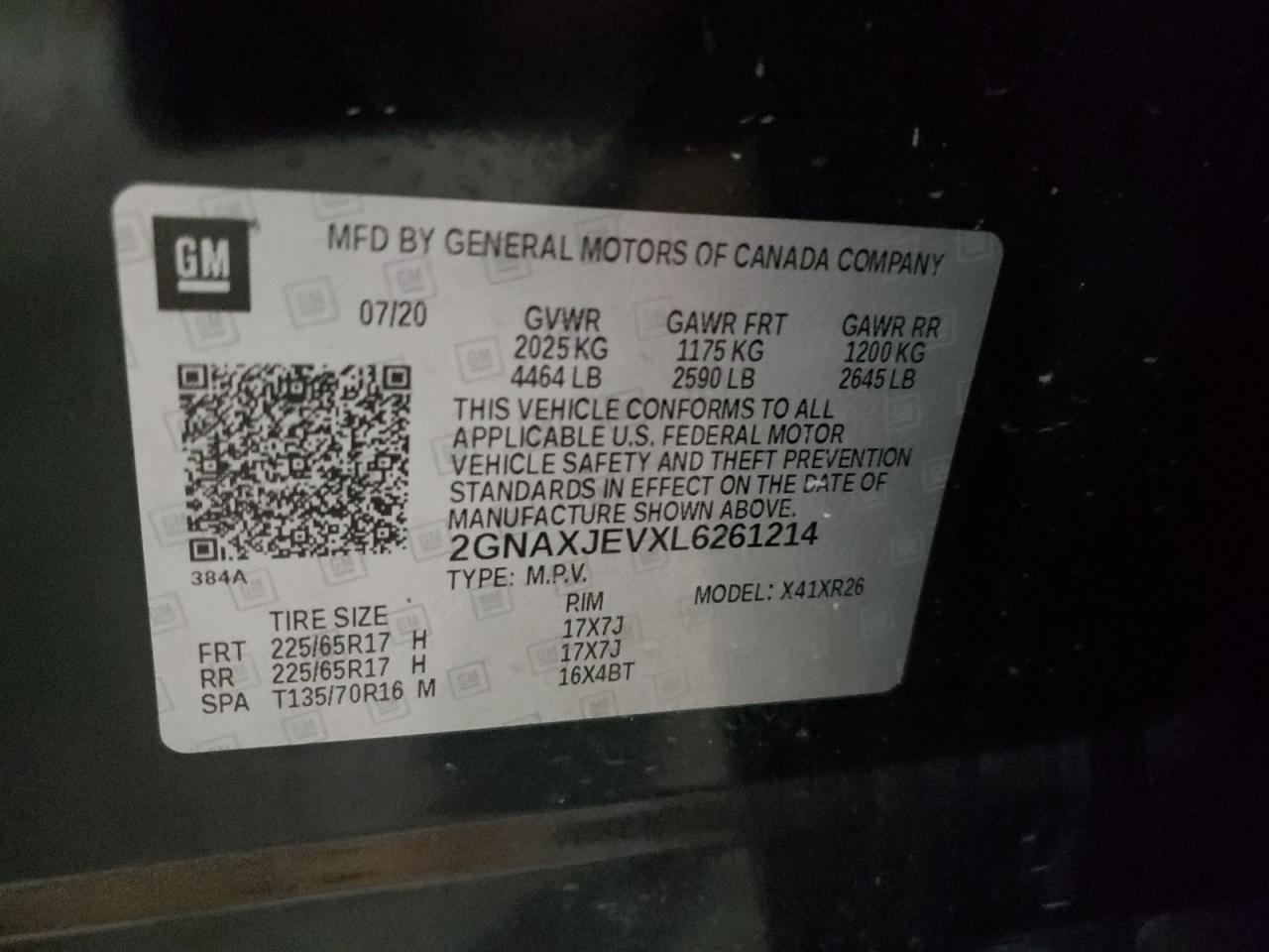 2020 Chevrolet Equinox Lt VIN: 2GNAXJEVXL6261214 Lot: 64841074