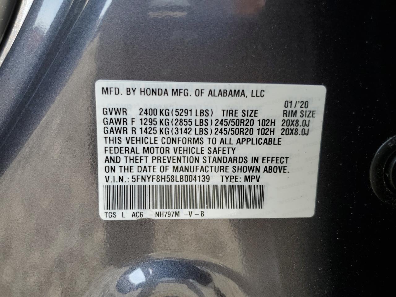 2020 Honda Passport Exl VIN: 5FNYF8H58LB004139 Lot: 61466414