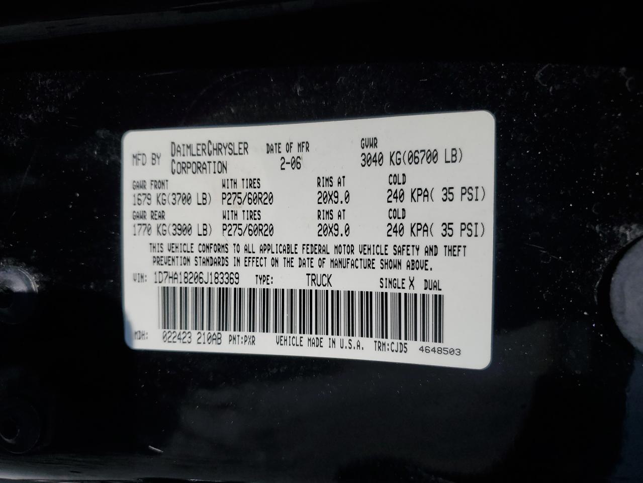 2006 Dodge Ram 1500 St VIN: 1D7HA18206J183369 Lot: 62653254