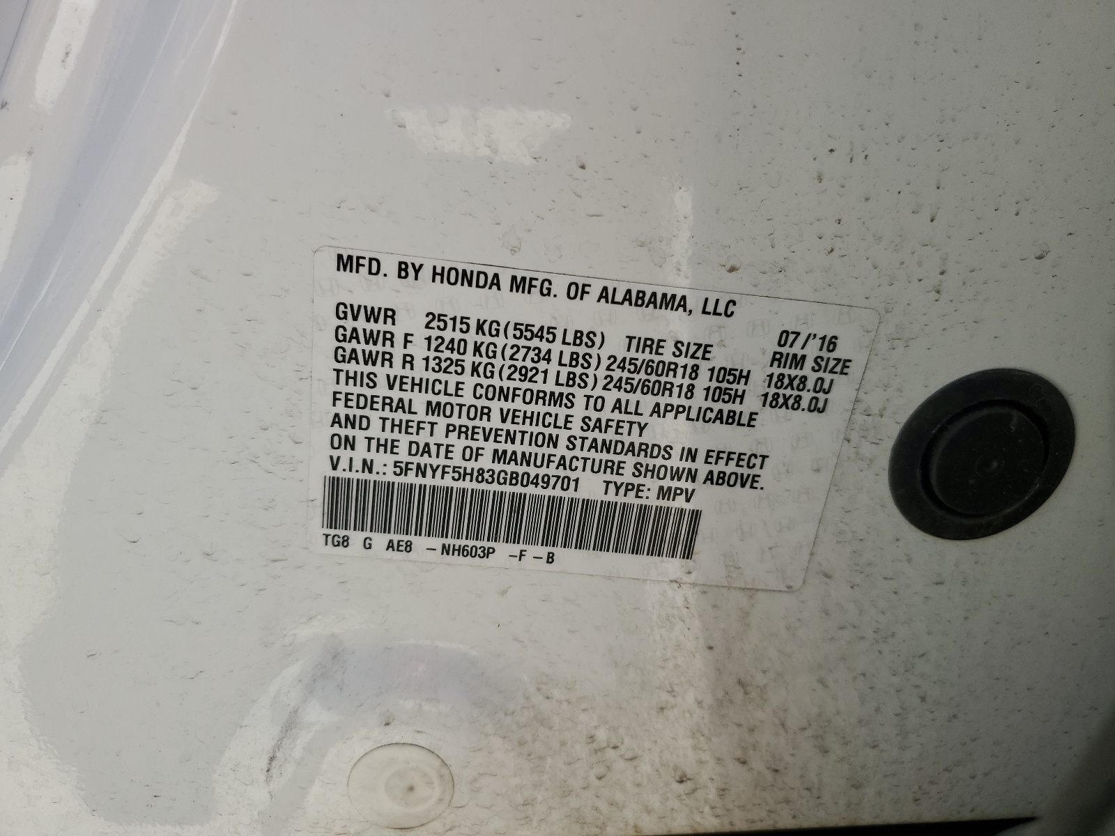 5FNYF5H83GB049701 2016 Honda Pilot Exl