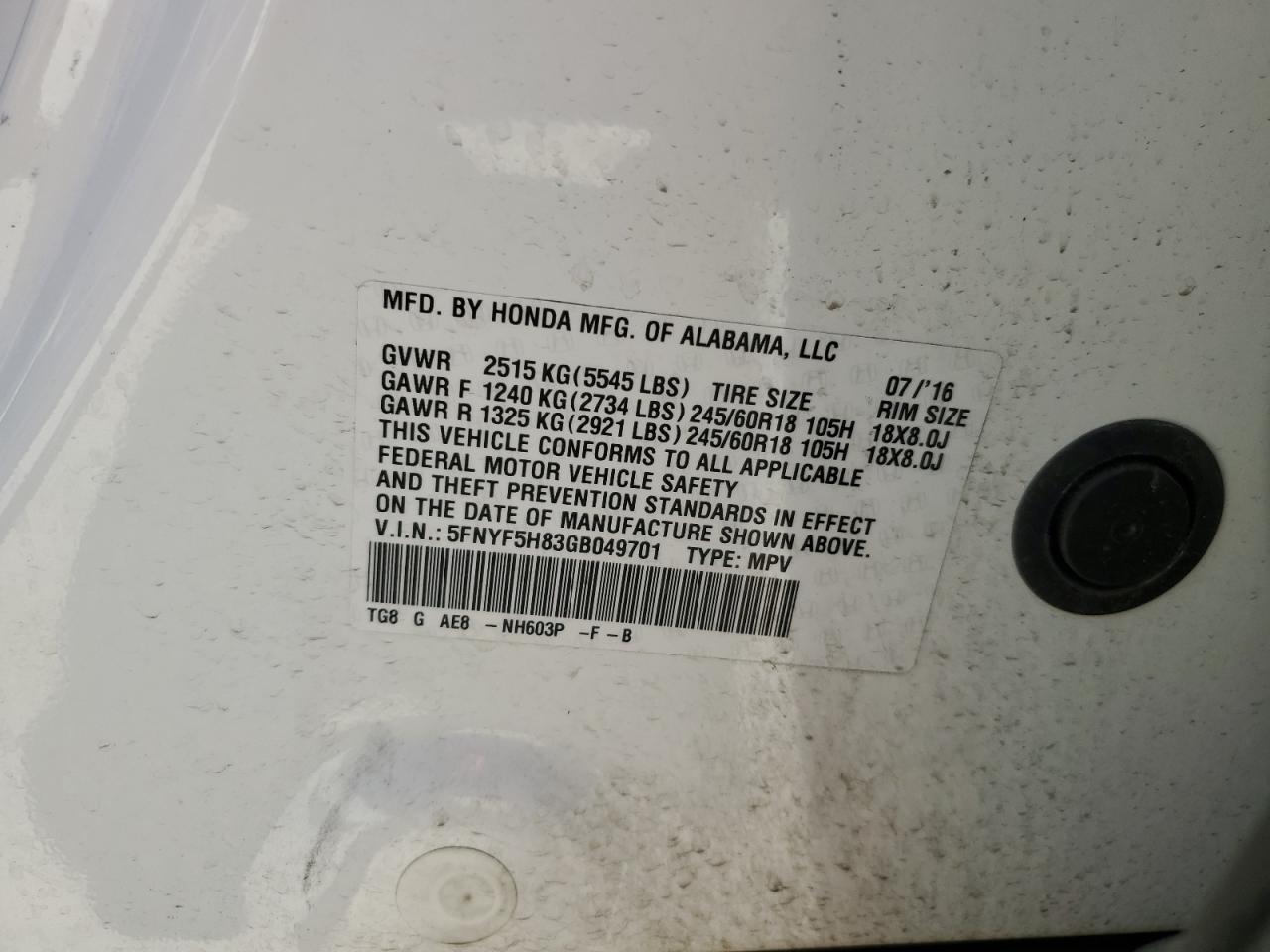 2016 Honda Pilot Exl VIN: 5FNYF5H83GB049701 Lot: 63335414