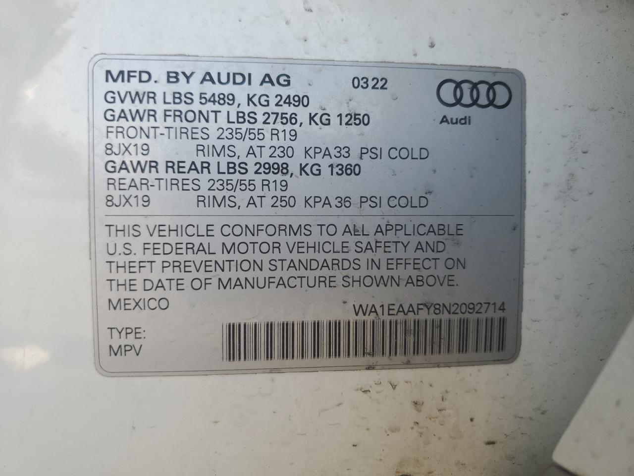 WA1EAAFY8N2092714 2022 Audi Q5 Premium Plus 45