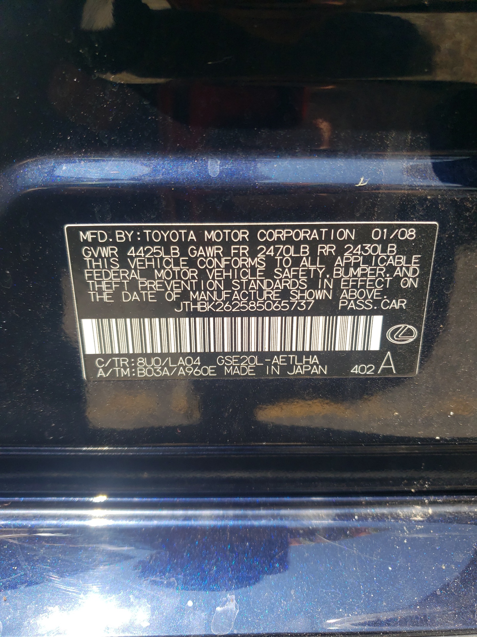 JTHBK262585065737 2008 Lexus Is 250