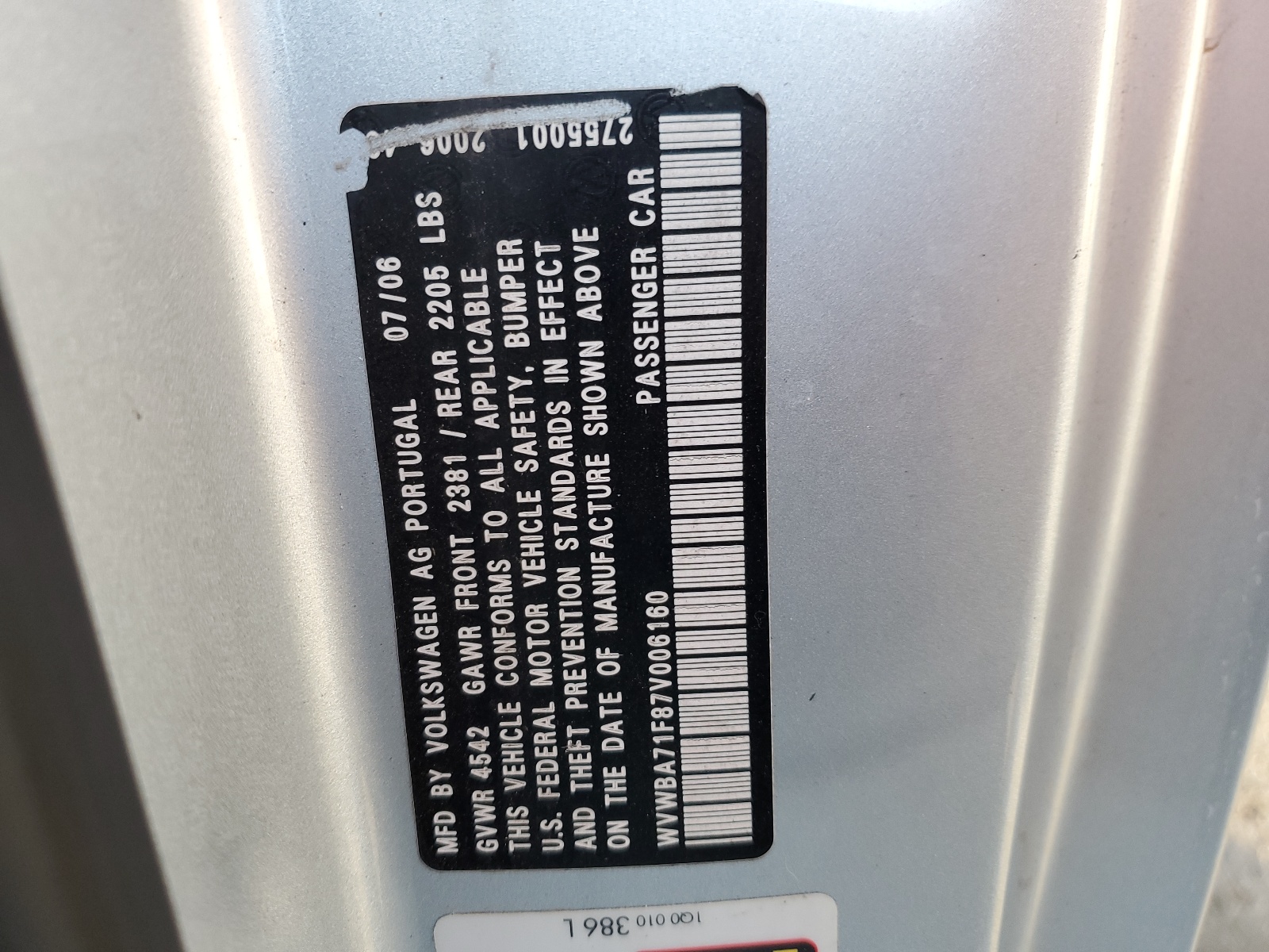 WVWBA71F87V006160 2007 Volkswagen Eos 2.0T