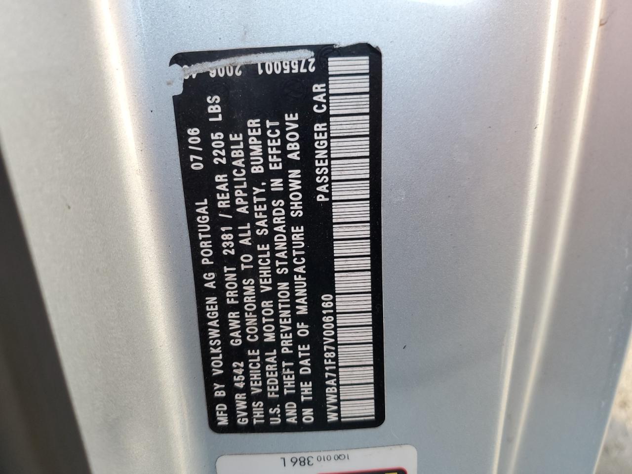 2007 Volkswagen Eos 2.0T VIN: WVWBA71F87V006160 Lot: 63717414