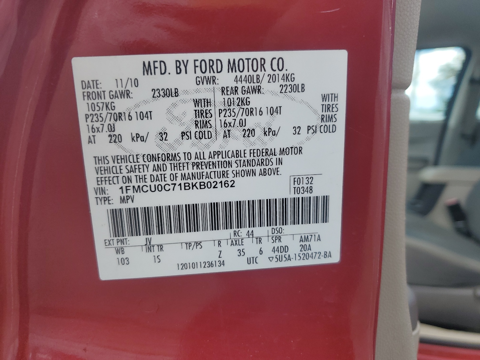 1FMCU0C71BKB02162 2011 Ford Escape Xls