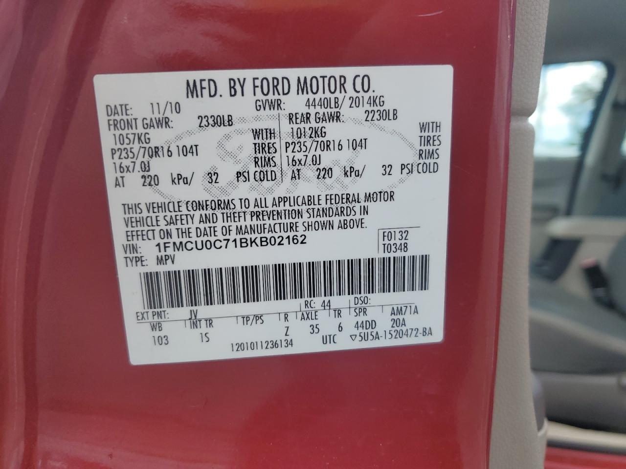 2011 Ford Escape Xls VIN: 1FMCU0C71BKB02162 Lot: 63916434