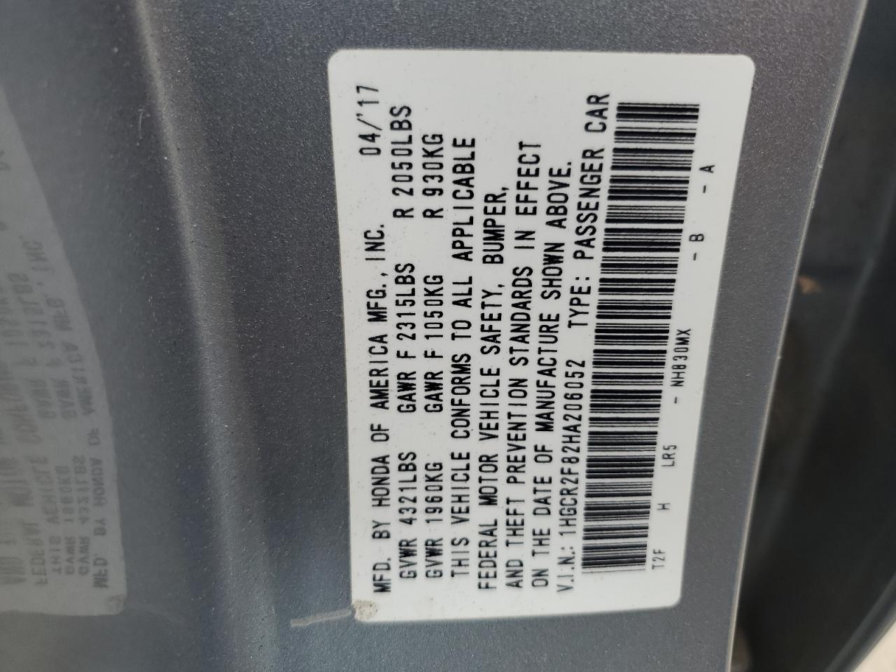 1HGCR2F82HA206052 2017 Honda Accord Exl