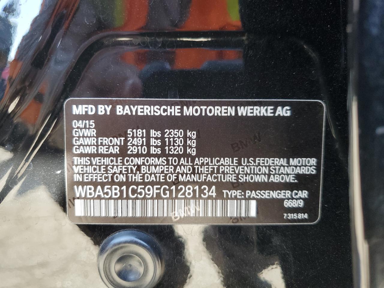 2015 BMW 535 I VIN: WBA5B1C59FG128134 Lot: 64166754