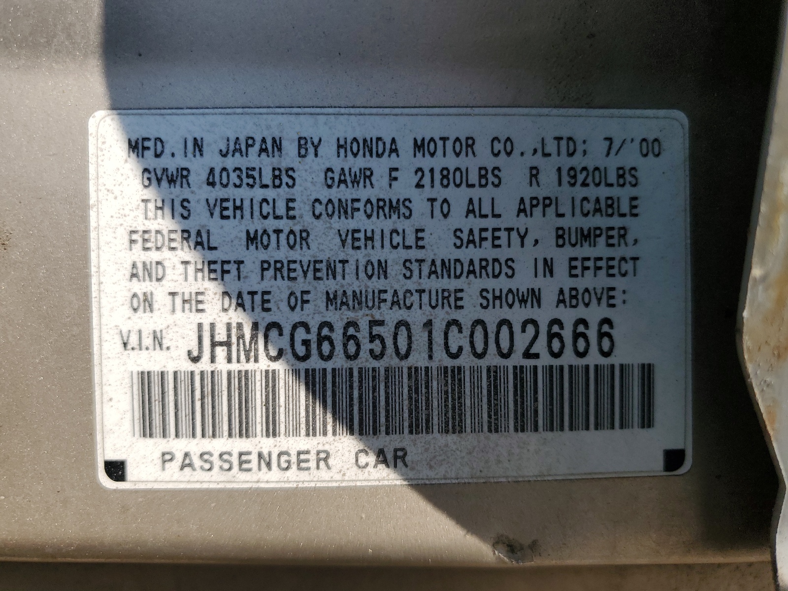JHMCG66501C002666 2001 Honda Accord Lx
