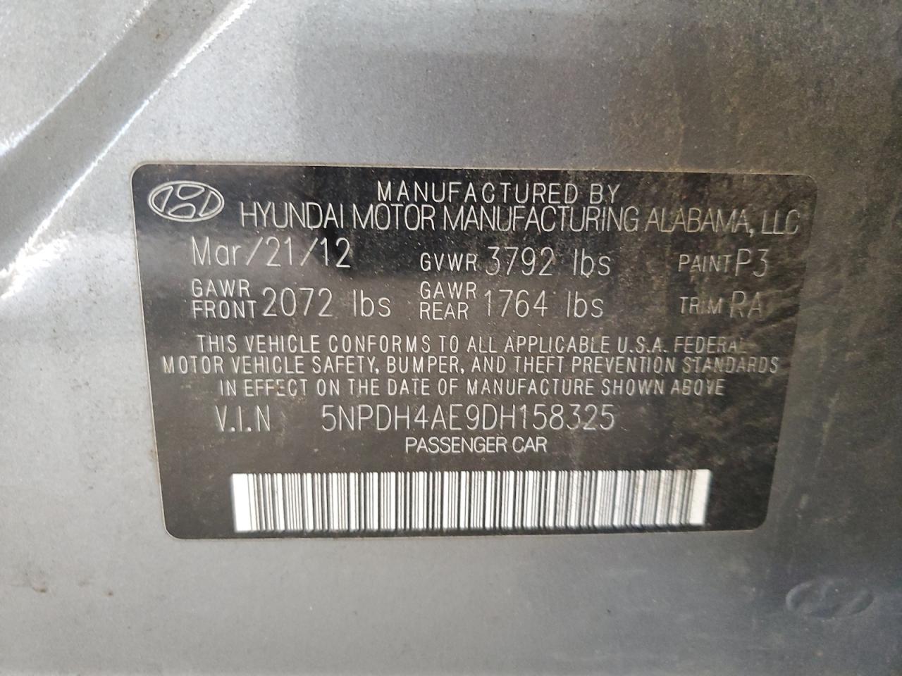 2013 Hyundai Elantra Gls VIN: 5NPDH4AE9DH158325 Lot: 63273854