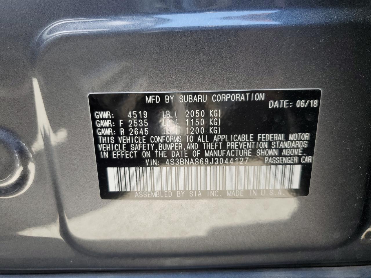 2018 Subaru Legacy Sport VIN: 4S3BNAS69J3044127 Lot: 62074004