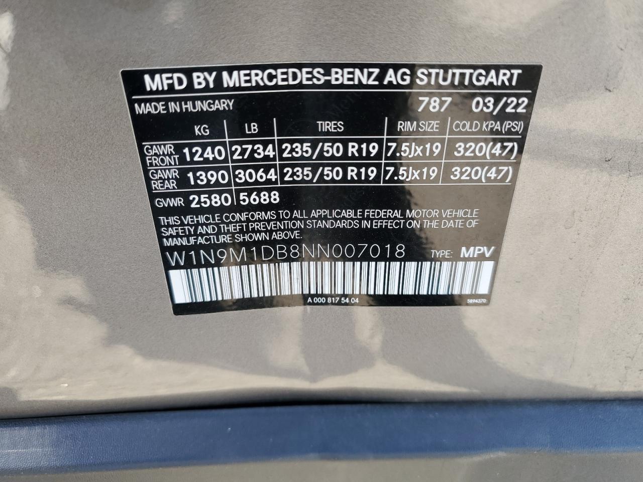 W1N9M1DB8NN007018 2022 Mercedes-Benz Eqb 350 4Matic