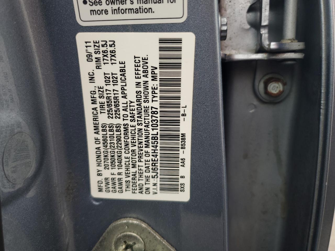 2011 Honda Cr-V Se VIN: 5J6RE4H45BL103787 Lot: 62201684