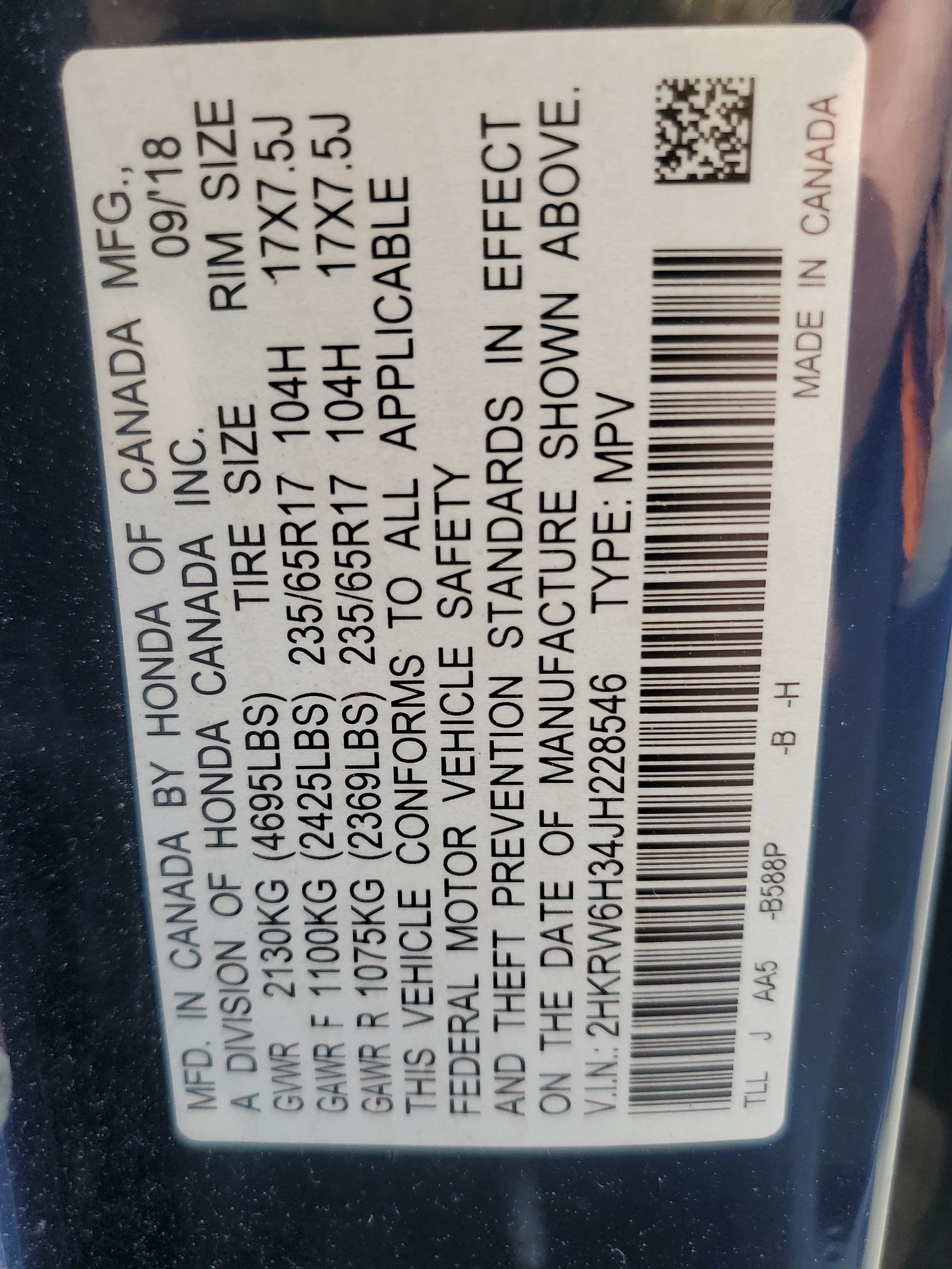 2HKRW6H34JH228546 2018 Honda Cr-V Lx