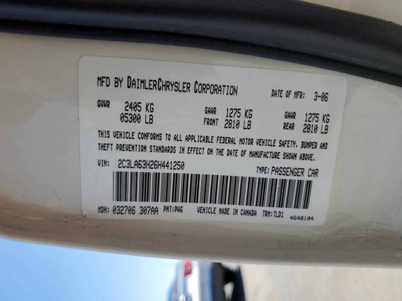 2006 Chrysler 300C VIN: 2C3LA63H26H441250 Lot: 61347484