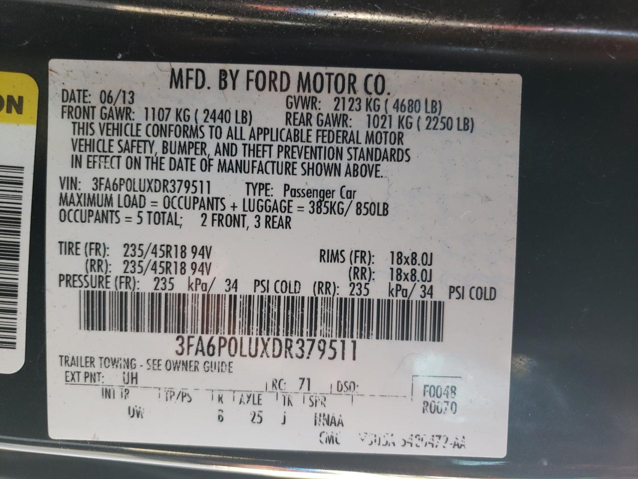 2013 Ford Fusion Se Hybrid VIN: 3FA6P0LUXDR379511 Lot: 63920774