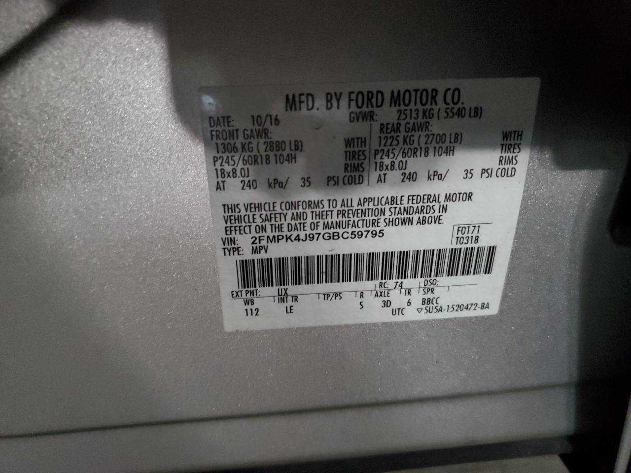 2016 Ford Edge Sel VIN: 2FMPK4J97GBC59795 Lot: 65042684