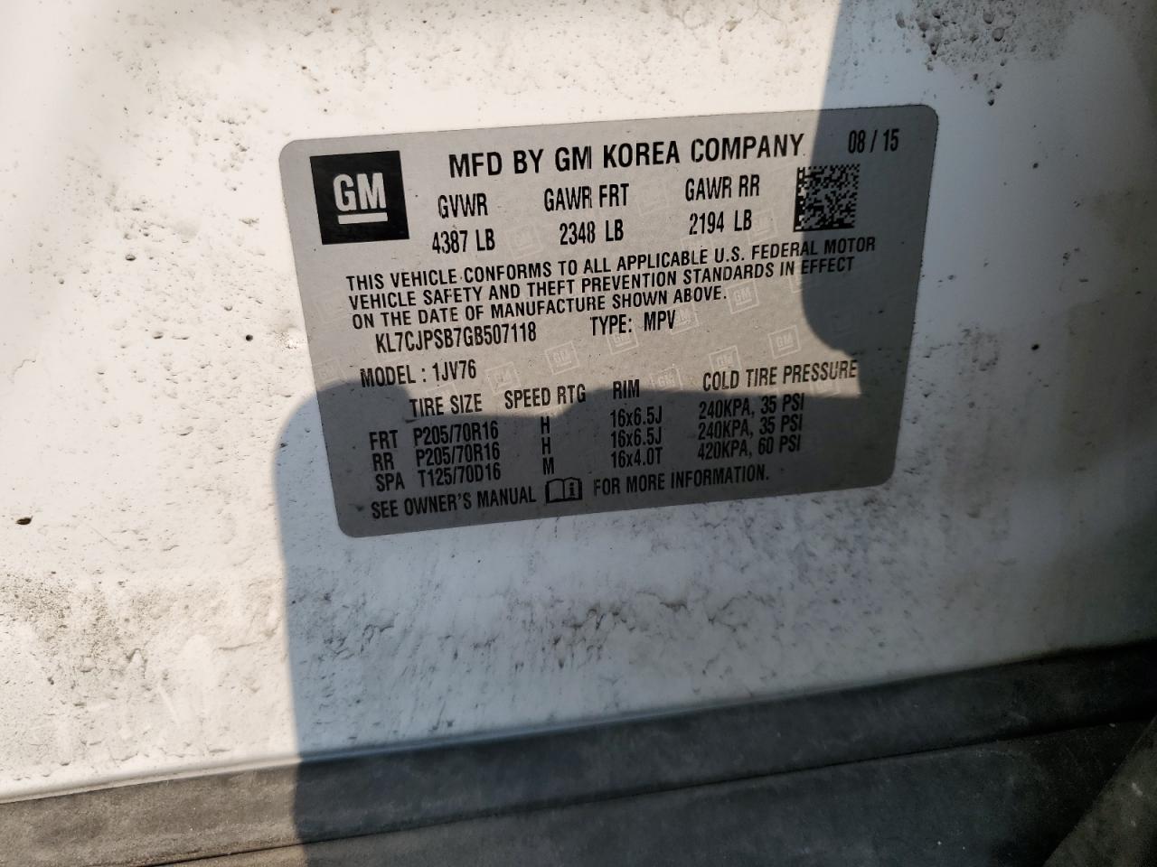 2016 Chevrolet Trax 1Lt VIN: KL7CJPSB7GB507118 Lot: 64250844