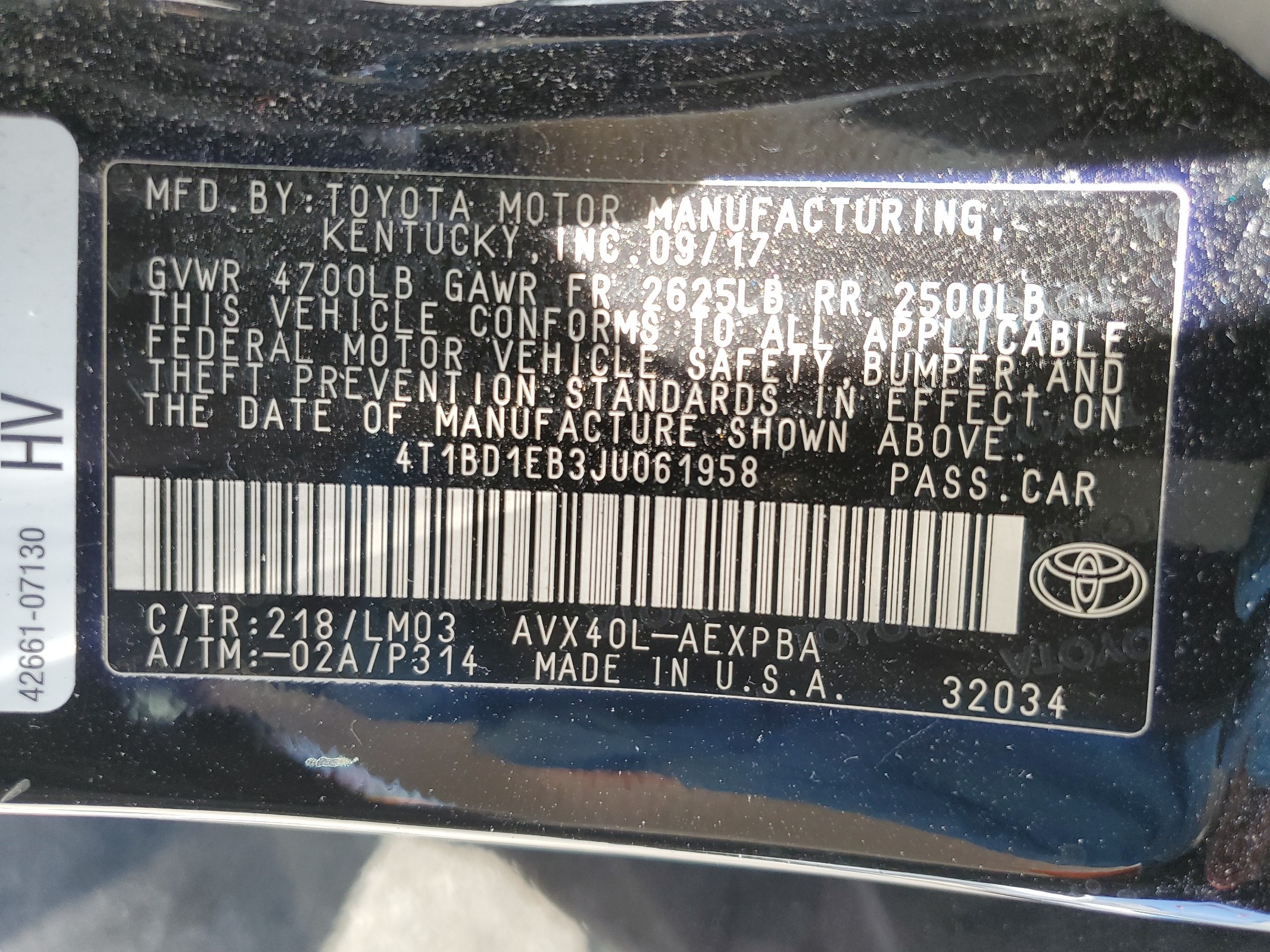 4T1BD1EB3JU061958 2018 Toyota Avalon Hybrid