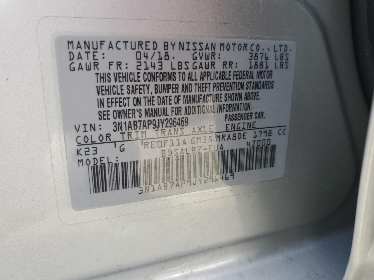 2018 Nissan Sentra S VIN: 3N1AB7AP9JY296469 Lot: 64095494