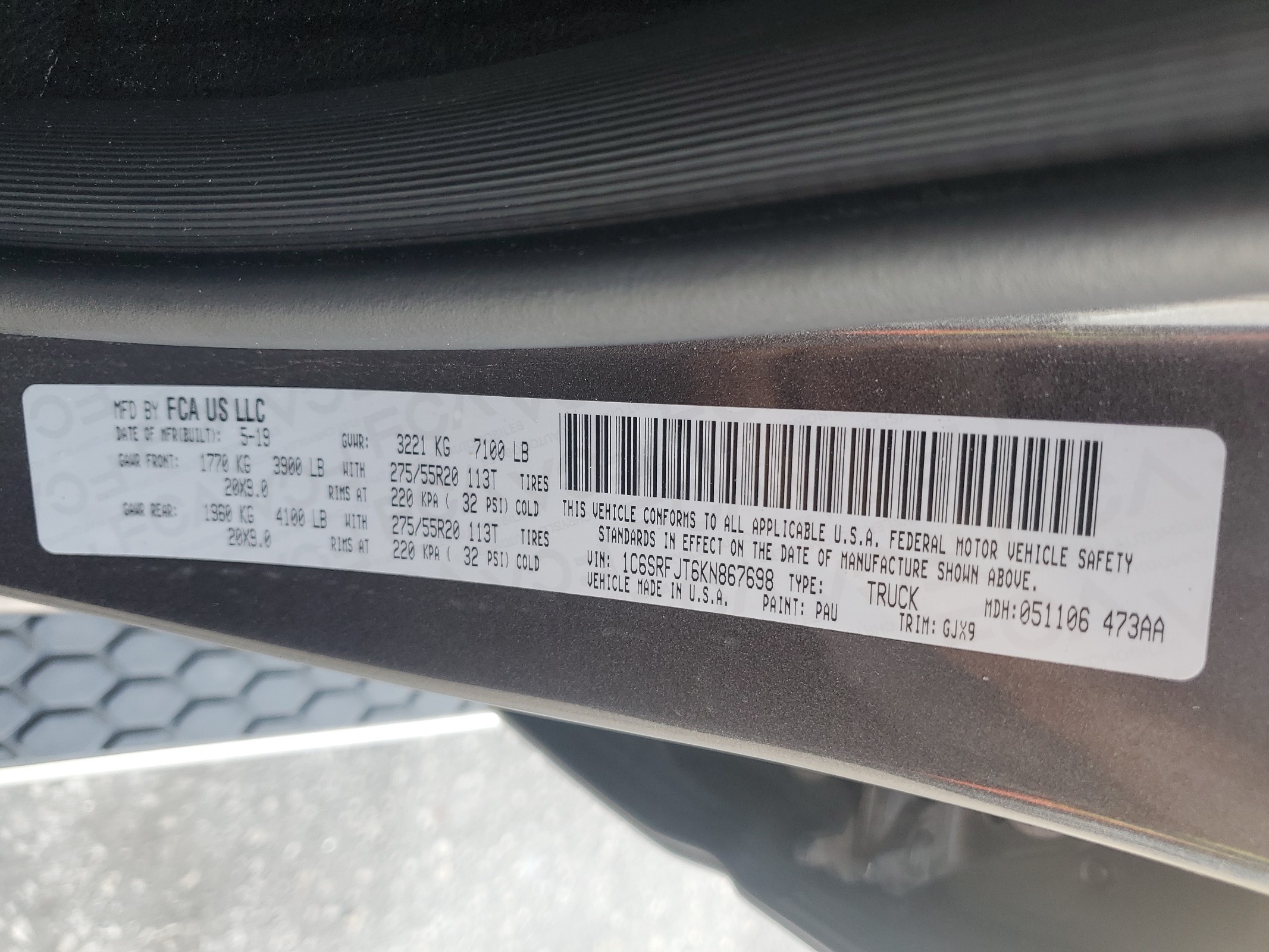 1C6SRFJT6KN867698 2019 Ram 1500 Laramie