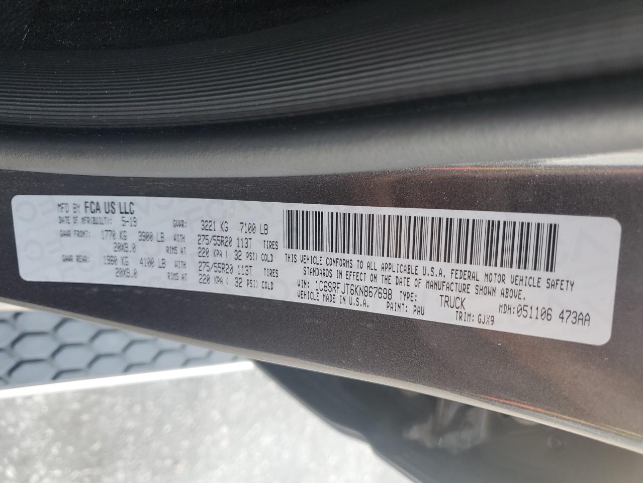 2019 Ram 1500 Laramie VIN: 1C6SRFJT6KN867698 Lot: 63596584