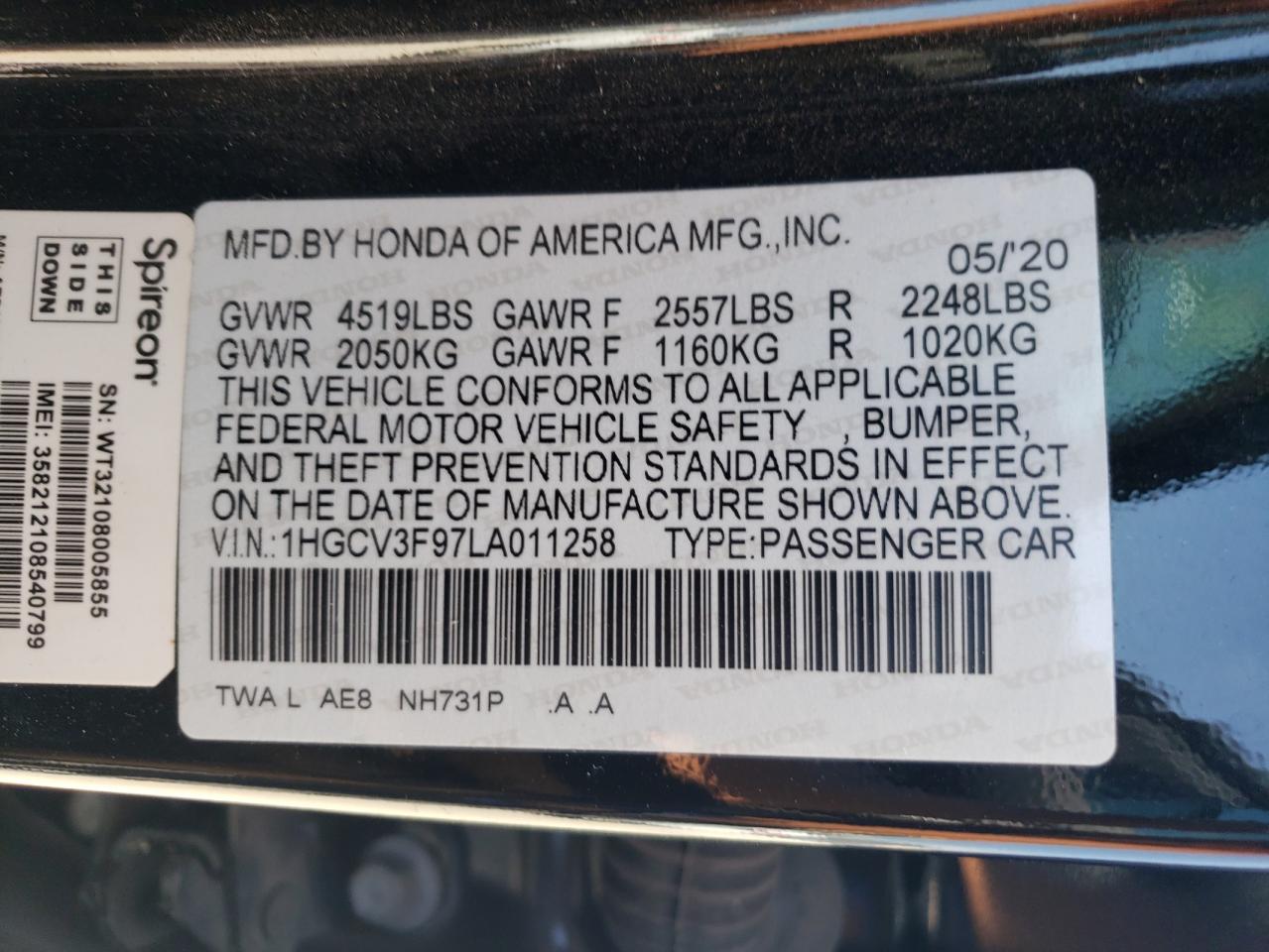 1HGCV3F97LA011258 2020 Honda Accord Touring Hybrid