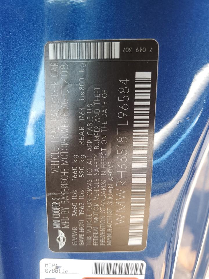 2008 Mini Cooper S VIN: WMWRH33518TL96584 Lot: 62418804