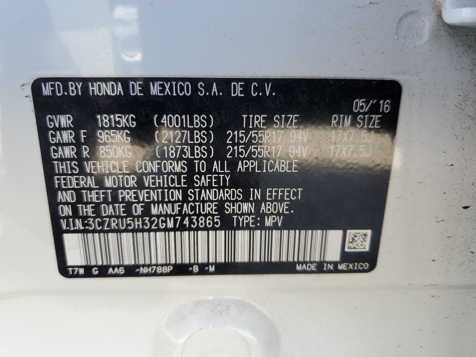 3CZRU5H32GM743865 2016 Honda Hr-V Lx