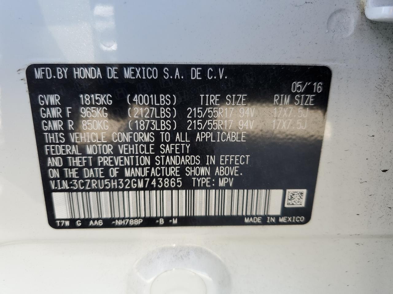 2016 Honda Hr-V Lx VIN: 3CZRU5H32GM743865 Lot: 65247954