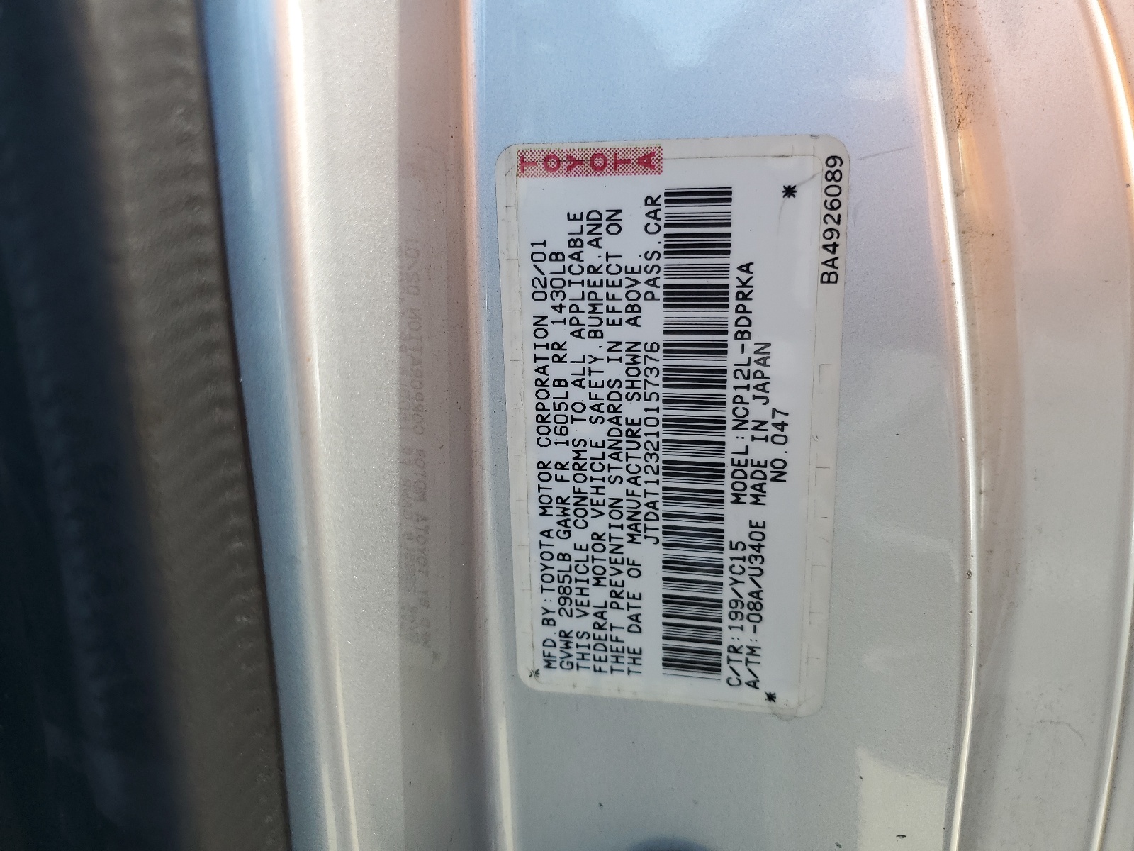 JTDAT123210157376 2001 Toyota Echo