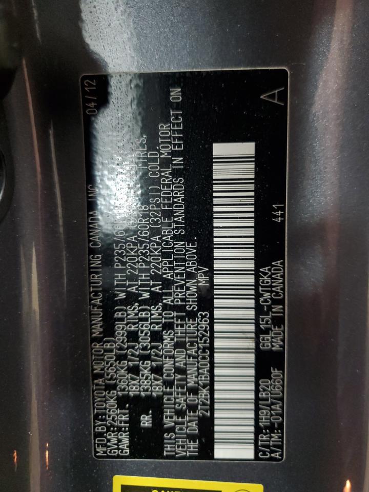 2012 Lexus Rx 350 VIN: 2T2BK1BA0CC152963 Lot: 62209894