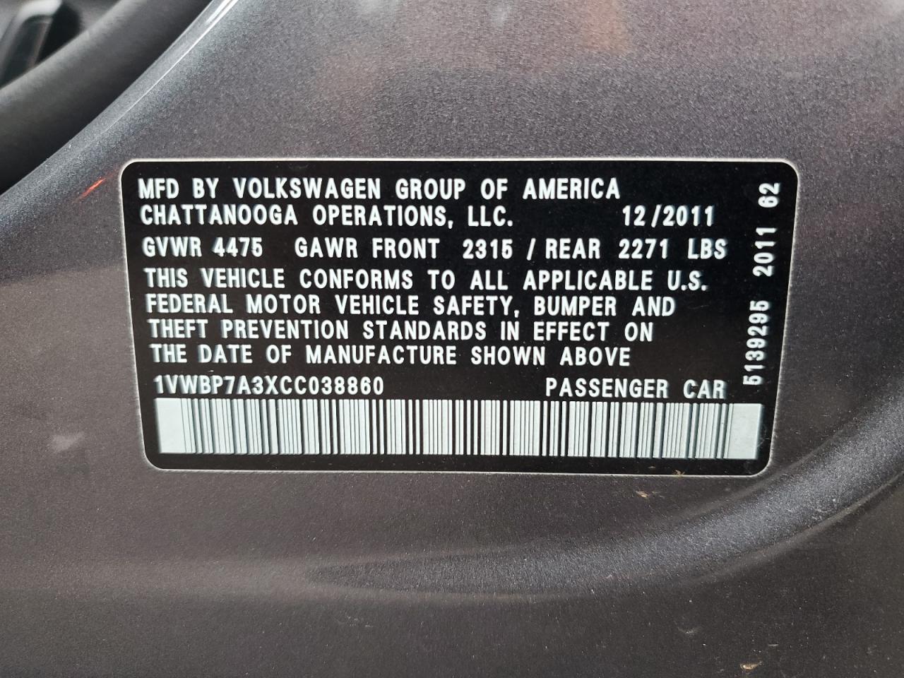 2012 Volkswagen Passat Se VIN: 1VWBP7A3XCC038860 Lot: 64030364