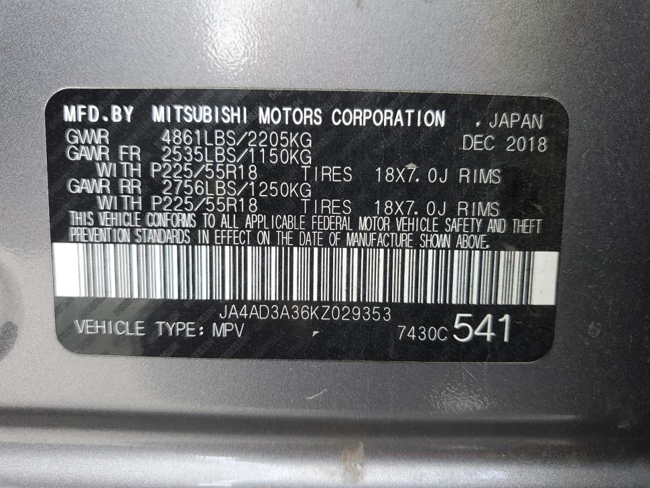 JA4AD3A36KZ029353 2019 Mitsubishi Outlander Se