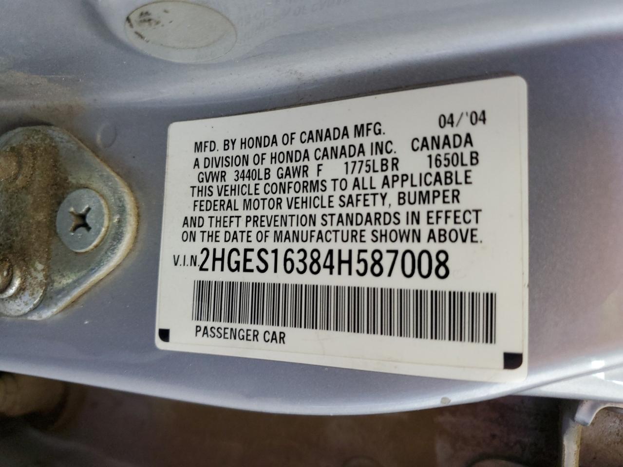 2004 Honda Civic Dx Vp VIN: 2HGES16384H587008 Lot: 62830204