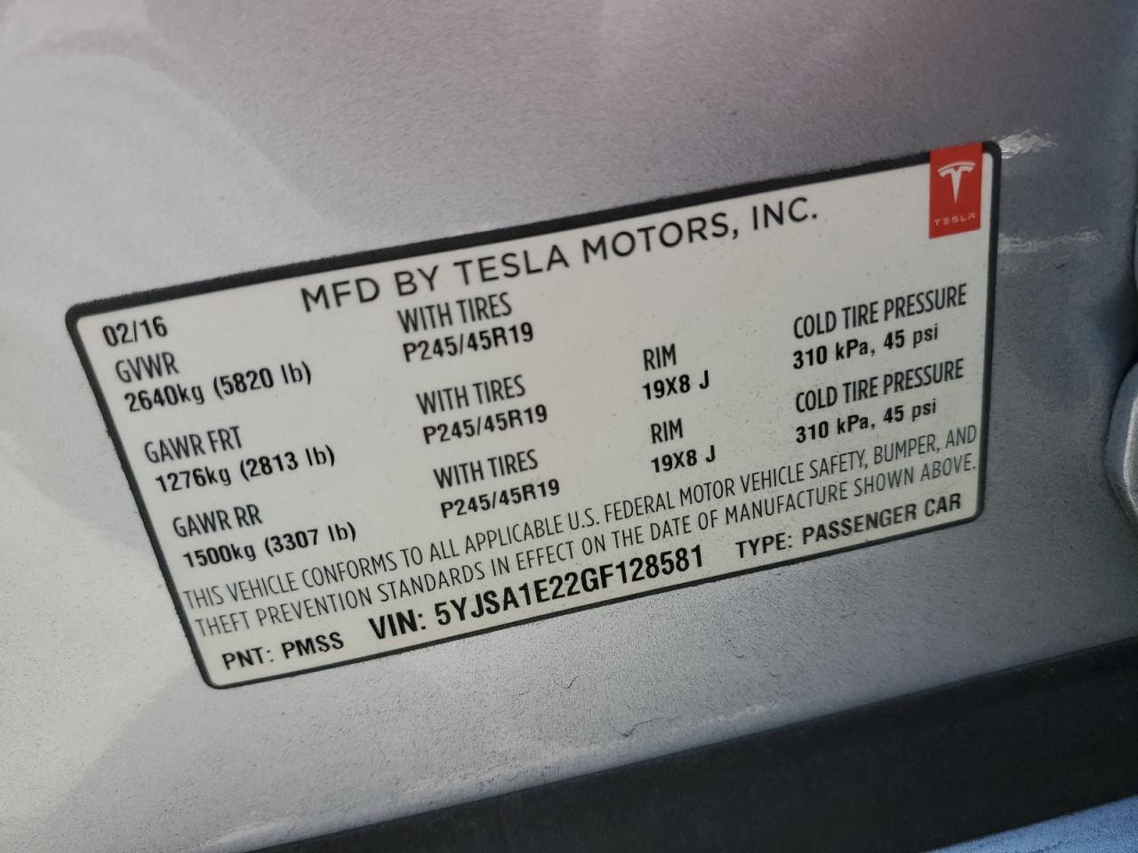 2016 Tesla Model S VIN: 5YJSA1E22GF128581 Lot: 62925194