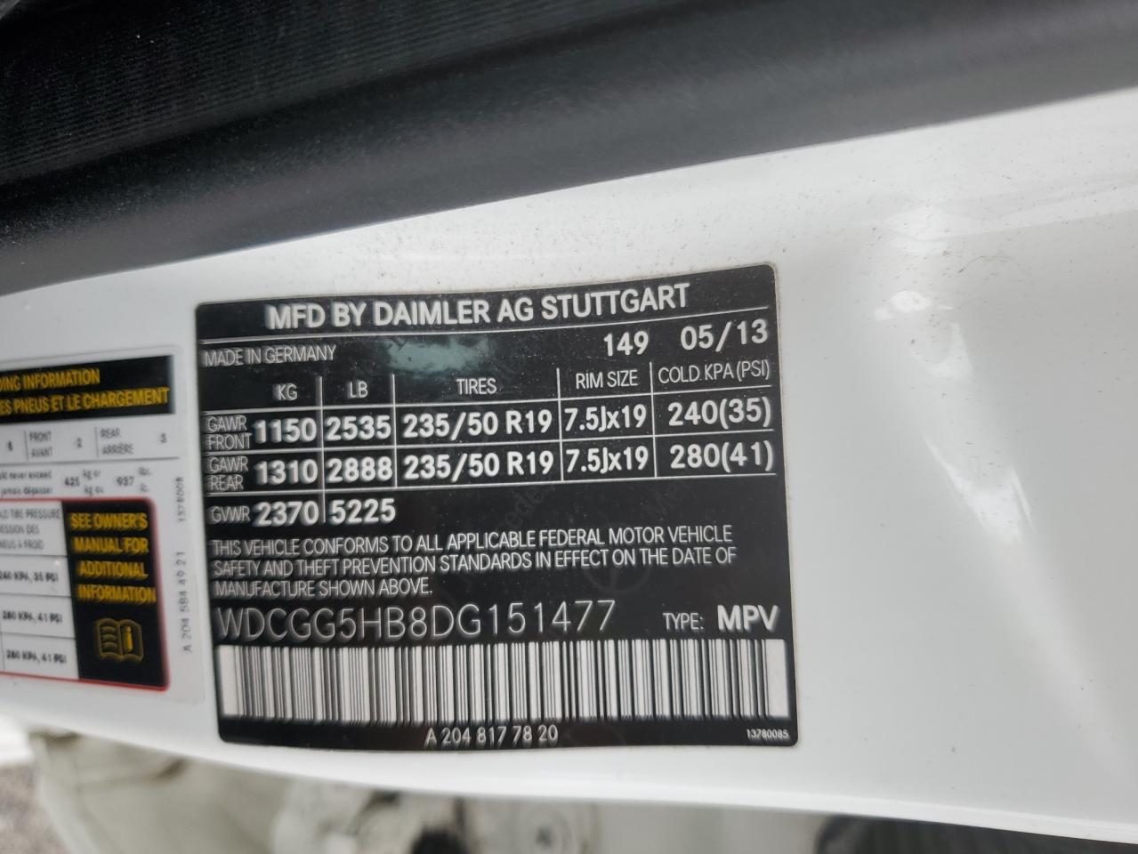 2013 Mercedes-Benz Glk 350 VIN: WDCGG5HB8DG151477 Lot: 64302434