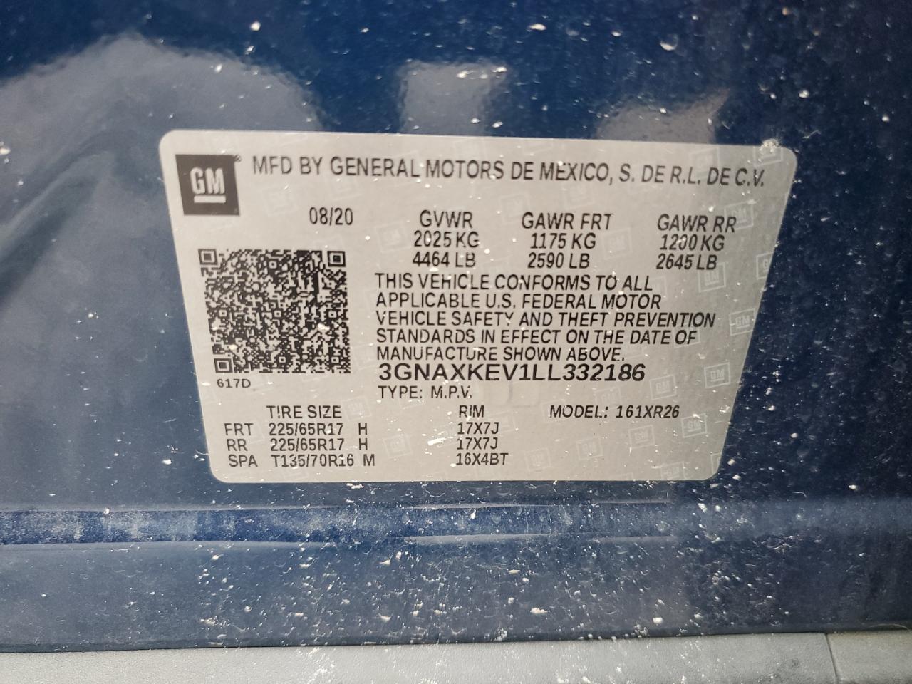 2020 Chevrolet Equinox Lt VIN: 3GNAXKEV1LL332186 Lot: 63555914