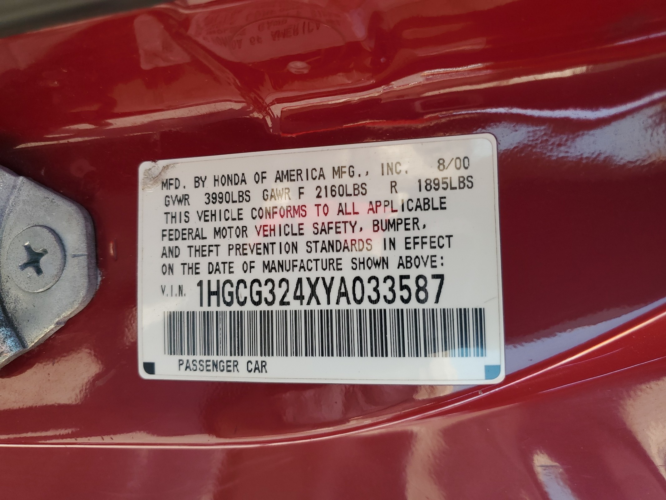 1HGCG324XYA033587 2000 Honda Accord Lx