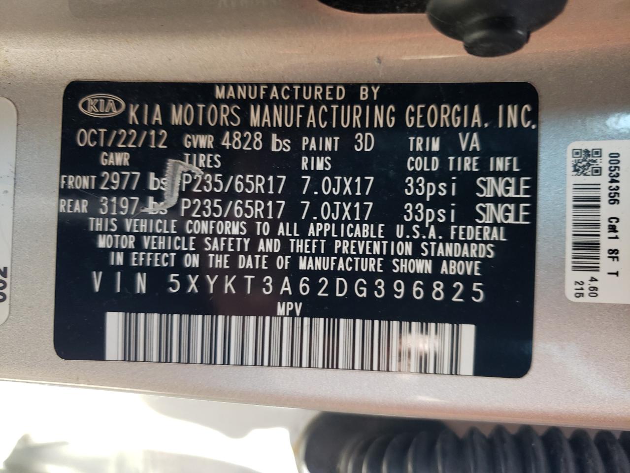 2013 Kia Sorento Lx VIN: 5XYKT3A62DG396825 Lot: 62834984