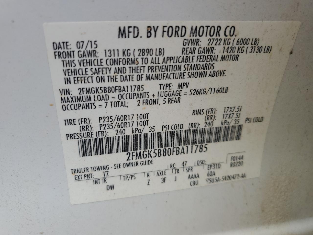 2FMGK5B80FBA11785 2015 Ford Flex Se