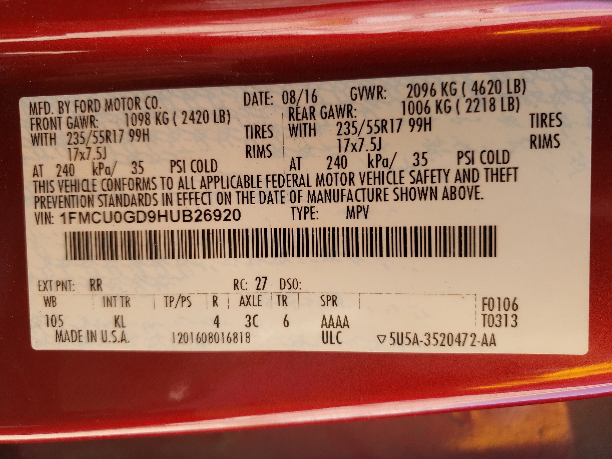 1FMCU0GD9HUB26920 2017 Ford Escape Se