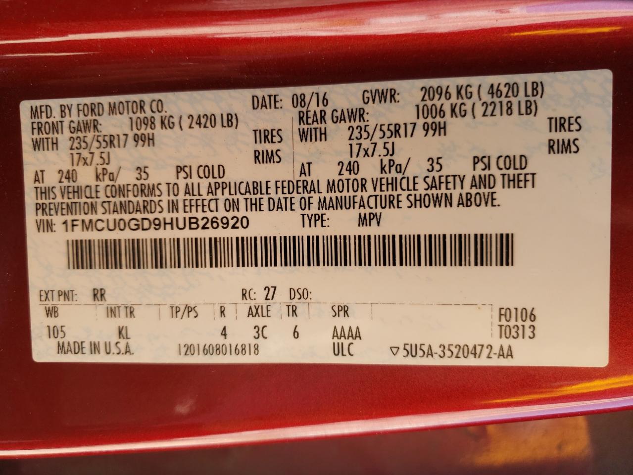 2017 Ford Escape Se VIN: 1FMCU0GD9HUB26920 Lot: 62241684