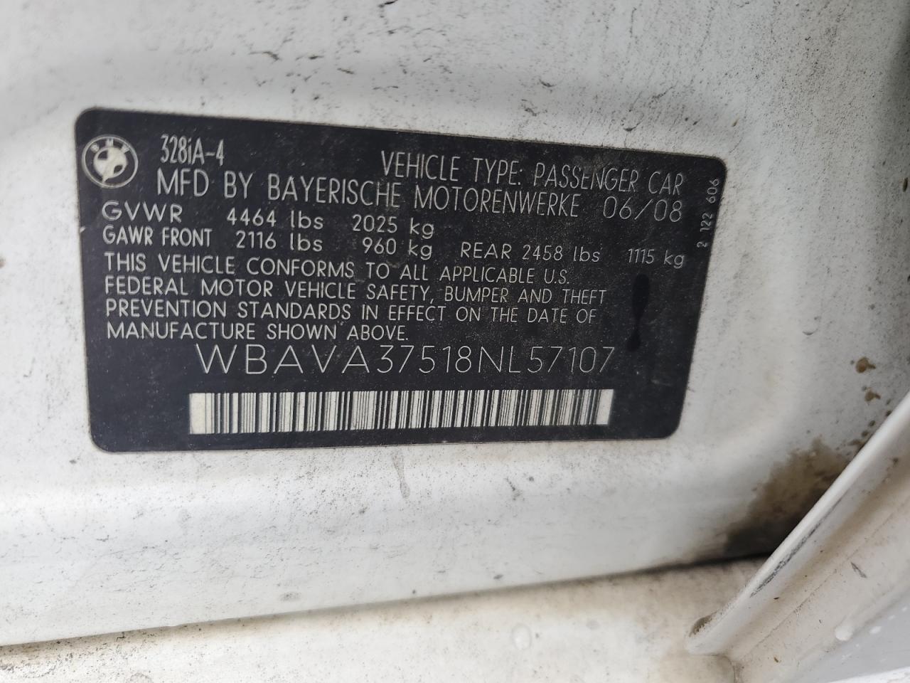 2008 BMW 328 I VIN: WBAVA37518NL57107 Lot: 64098104