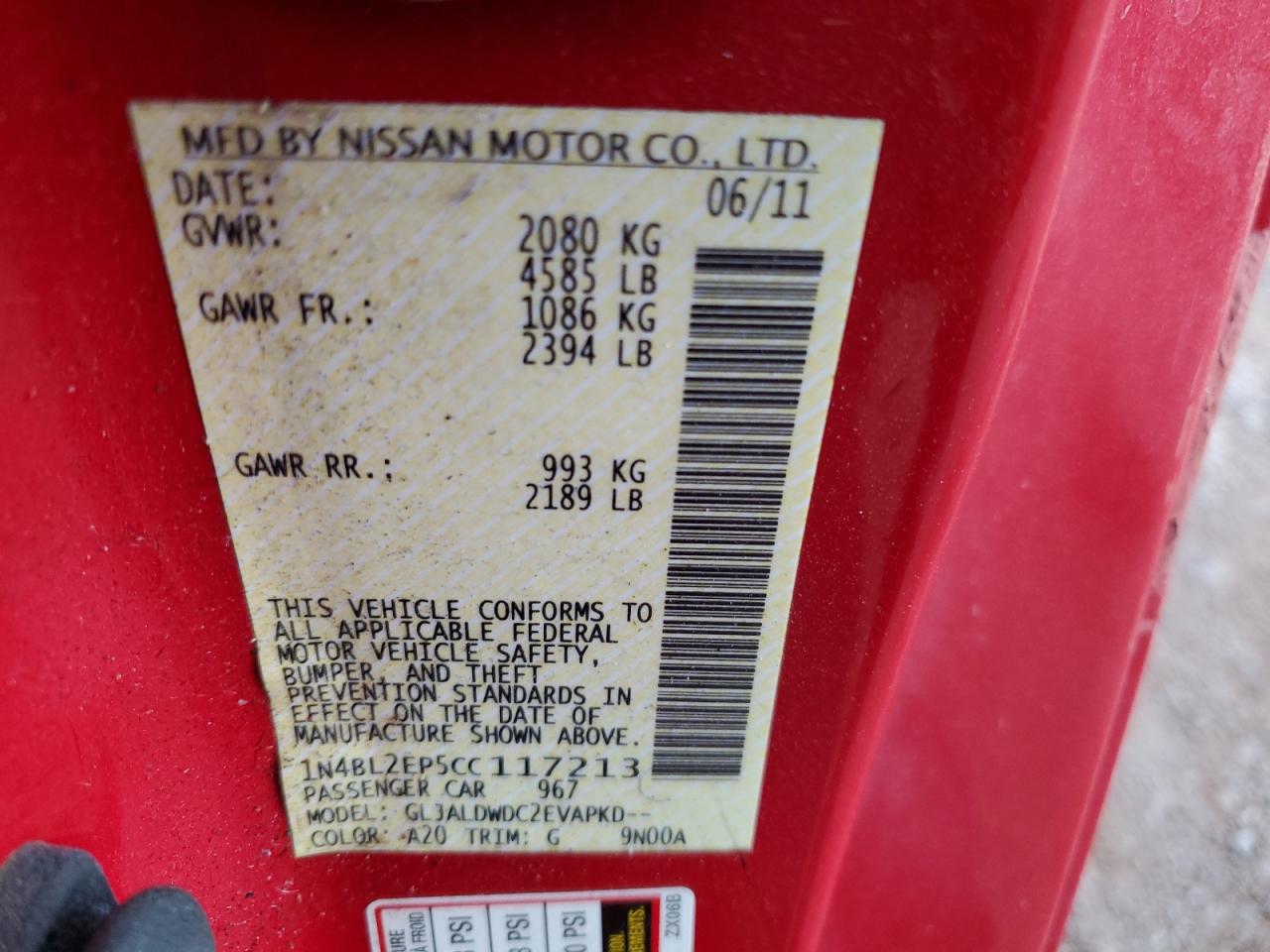 2012 Nissan Altima Sr VIN: 1N4BL2EP5CC117213 Lot: 63001654