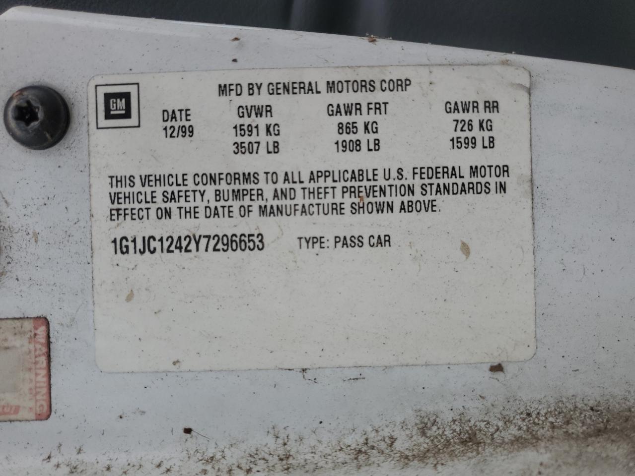 2000 Chevrolet Cavalier VIN: 1G1JC1242Y7296653 Lot: 64896884