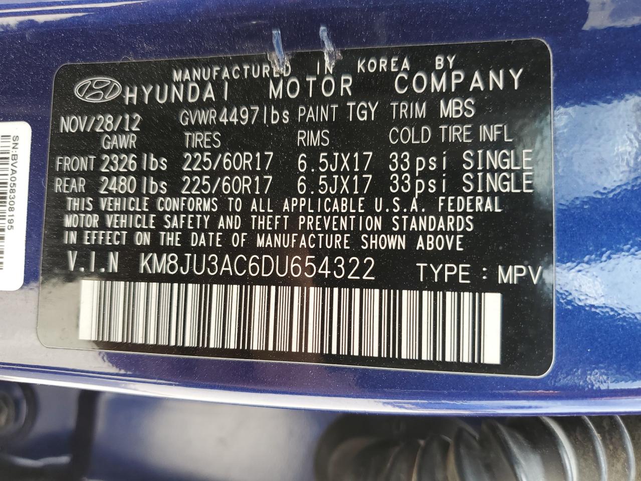 2013 Hyundai Tucson Gls VIN: KM8JU3AC6DU654322 Lot: 64420794