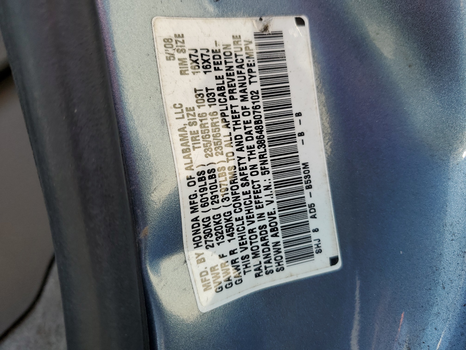 5FNRL38648B076102 2008 Honda Odyssey Exl